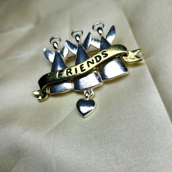 Gold & Silver Three Angels "Friends" Brooch with Dangling Heart - Picture 2 of 5